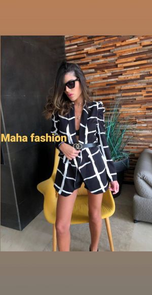MahaFashion גקטים גקט מחוייט ריבועים עם שילוב חגורה 